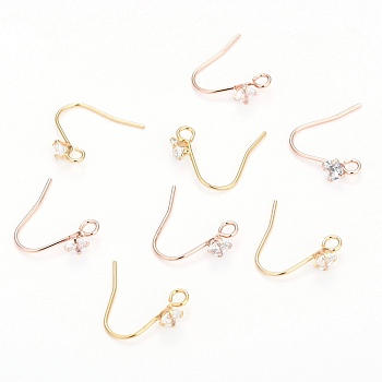 Brass Earring Hooks, Ear Wire, with Clear Cubic Zirconia and Horizontal Loop, Long-Lasting Plated, Mixed Color, 16mm, 20 Gauge, Pin: 0.8mm