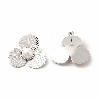 Flower 304 Stainless Steel Stud Earrings, Plastic Imitation Pearl Earrings for Women, Stainless Steel Color, 36x37.5mm, Pin: 0.8mm