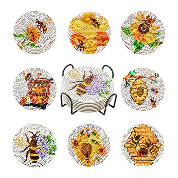 DIY Bees Theme Diamond Painting Acrylic Cup Mat Kits, with Coster Holder, Resin Rhinestones, Diamond Sticky Pen, Tray Plate and Glue Clay, Mixed Color, 101x2mm