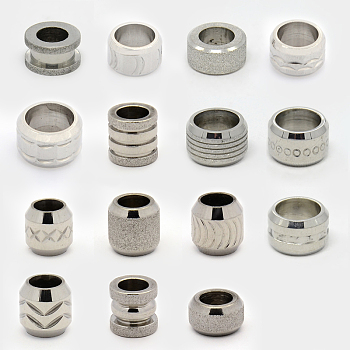Mixed Style Stainless Steel Large Hole Beads, Stainless Steel Color, 6~12x5~10mm, Hole: 4~8mm