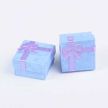 Cardboard Ring Boxes, with Satin Ribbons Bowknot outside, Square, Cornflower Blue, 41x41x26mm
