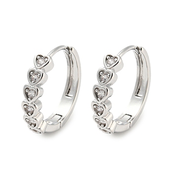 Brass with Cubic Zirconia Hoop Earrings, Heart, Platinum, 18x4mm