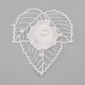 Milk Fiber Lace Embroidery Costume Accessories, Applique Patch, Sewing Craft Decoration, with Imitation Pearl, 3D Leaf with Flower, White, 76x70x8.5mm