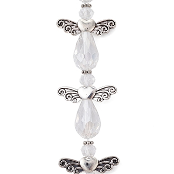 Angel Fairy Shape Electroplate Transparent Glass Beads Strands, with Tibetan Style Alloy Wing Beads and Nylon Wire, Clear, 27x23.5x10mm, Hole: 0.7mm, about 6pcs/strand, 6.30 inch(16cm)