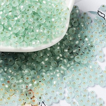 8/0 Glass Seed Beads, Frosted, Silver Lined, Round, Medium Aquamarine, 3x2mm, Hole: 1mm