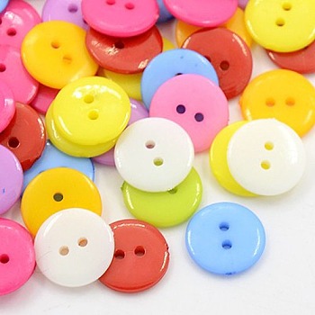 Acrylic Sewing Buttons, Plastic Buttons for Costume Design, 2-Hole, Dyed, Flat Round, Mixed Color, 12x2mm, Hole: 1mm