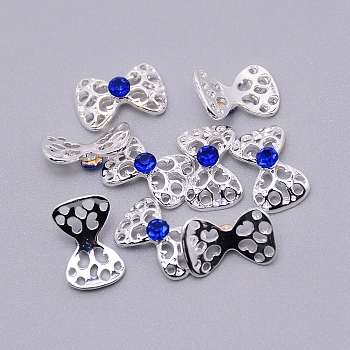 Alloy Rhinestone Cabochons, Nail Art Decoration Accessories, Hollow Bowknot, Cadmium Free & Lead Free, Silver, Sapphire, 8.5x13x5mm