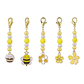 Golden Tone Alloy Enamel Pendant Decoration, with Glass Pearl Beads, Bees & Honeycomb, Mixed Color, 66~73mm