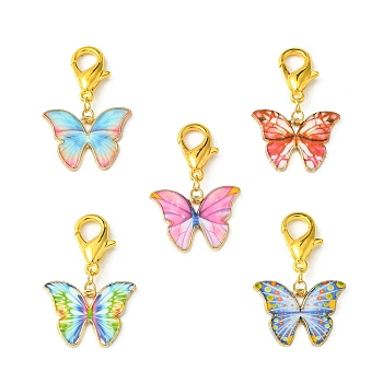 Light Gold Tone Alloy Enamel Butterfly Pendant Decorations, with Lobster Claw Clasps, Mixed Color, 32mm