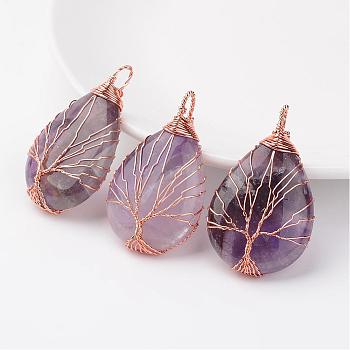 Natural Amethyst Pendants, teardrop, with Rose Gold Tone Brass Findings, 48~55x30~32x10~12mm, Hole: 4~7x8~12mm