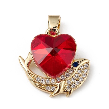 Real 18K Gold Plated Rack Plating Brass Micro Pave Cubic Zirconia Pendants, with Glass, Long-Lasting Plated, Cadmium Free & Lead Free, Heart & Whale, Red, 19x19x8mm, Hole: 5x3mm