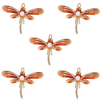 5Pcs Eco-Friendly Brass Micro Pave Cubic Zirconia Pendants, Long-Lasting Plated, Lead Free & Cadmium Free & Nickel Free, Real 18K Gold Plated, Dragonfly, Orange Red, 23x35x6mm, Jump Ring: 5x0.5mm, 3mm Inner Diameter