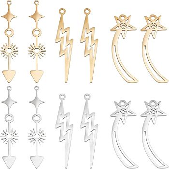 Unicraftale 12Pcs 6 Styles  201 Stainless Steel Pendants, Laser Cut, Mixed Color, 29.5~42x8.5~10.5x1mm, Hole: 1.4~1.6mm, 2pcs/style