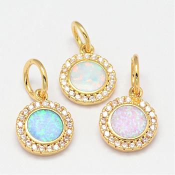 Brass Micro Pave Cubic Zirconia Charms, with Synthetic Opal, Flat Round, Golden, 12x9.5x2mm, Hole: 4mm