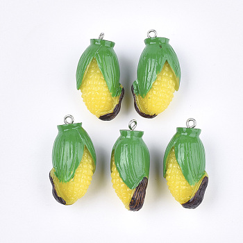 Resin Pendants, with Platinum Tone Iron Findings, Imitation Food, Maize, Yellow, 34~35x18~19x15mm, Hole: 2mm