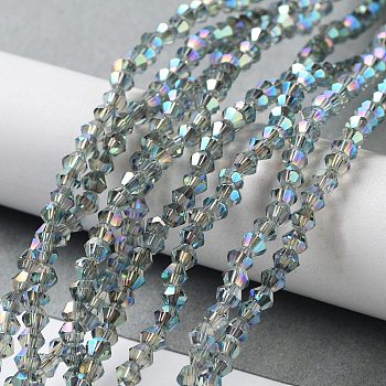 1 Strand Faceted Bicone Full Plated Glass Beads Strands, Teal, 3x3mm, Hole: 1mm, about 128~135pcs/strand, 12.2 inch