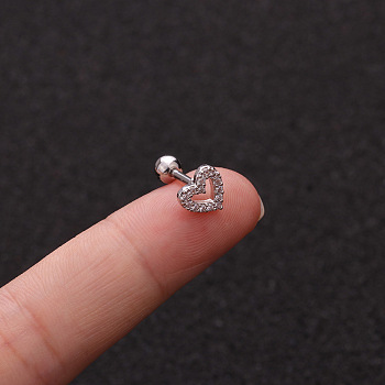 316L Surgical Stainless Steel Micro Pave Clear Cubic Zirconia Heart Cartilage Earrings, Stainless Steel Color, 6mm, Pin: 1.2mm