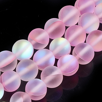 Synthetic Moonstone Beads Strands, Holographic Beads, Dyed, Frosted, Round, Pink, 10mm, Hole: 1.2mm 40pcs/strand, 15.7 inch