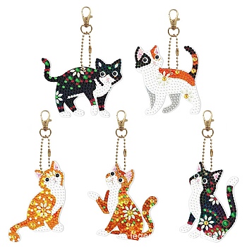 Cat DIY Diamond Painting Keychain Kits, with Resin Rhinestones, Diamond Sticky Pen, Tray Plate and Glue Clay, Mixed Color, Package Size: 190x60x30mm