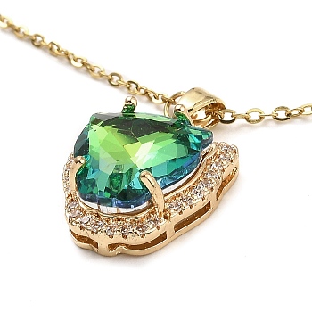 Tiger Head Light Gold Brass Micro Pave Cubic Zirconia Pendant Necklaces, with Glass, Lawn Green, 16.06 inch(40.8cm)