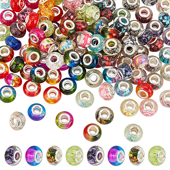 120Pcs 4 Style Resin & Acrylic European Beads, Large Hole Beads, with Silver Color Plated Brass Double Cores, Rondelle, Mixed Color, 13.5~14x8.5~10mm, 30pcs/style