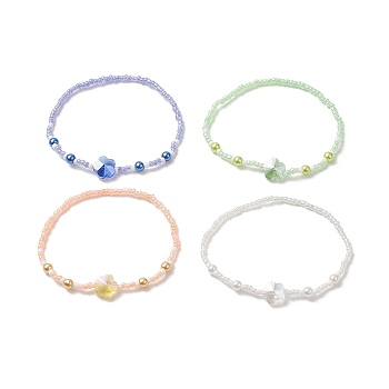 Glass Seed Bead Beaded Bracelets for Women, Flower Glass Stretch Bracelets, Mixed Color, Inner Diameter: 2 inch(5.2cm)