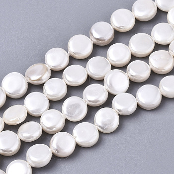 Natural Freshwater Shell Beads Strands, Flat Round, Linen, 6x3mm, Hole: 0.7mm, about 59~62pcs/strand, 13.70 inch~14.45 inch(34.8~36.7cm)