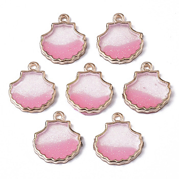 Alloy Resin Pendants, with Glitter Powder, Scallop Shell Shape, Lead Free, Golden, Pearl Pink, 18x16x2.5mm, Hole: 1.6mm