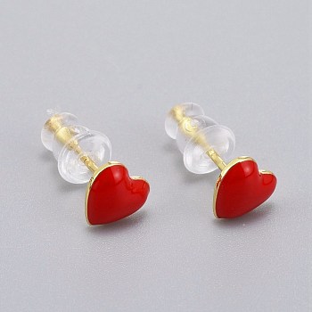 Brass Enamel Stud Earrings, with Plastic Ear Nuts, Long-Lasting Plated, Heart, Real 18K Gold Plated, Red, 6x6.5mm, Pin: 1mm