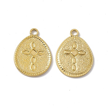 Vacuum Plating 304 Stainless Steel Pendants, Teardrop with Cross Pattern Charms, Golden, 23x17x1.5mm, Hole: 2.2mm