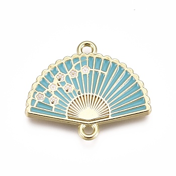 Alloy Links, with Enamel, Folding Fan with Plum Blossom, Light Gold, Dark Turquoise, 20x23.5x2mm, Hole: 1.5mm