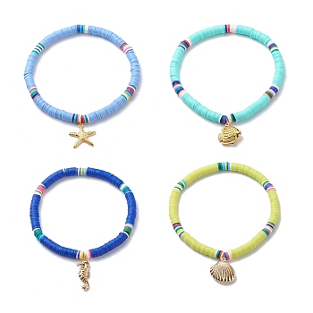 4Pcs 4 Style Handmade Polymer Clay Disc Surfer Stretch Anklets Set, Brass Fish & Shell & Starfish & Sea Horse Charms Stackable Anklets for Women, Mixed Color, Inner Diameter: 2-5/8 inch(6.7cm), 1Pc/style