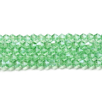 Transparent Electroplate Glass Beads Strands, Pearl Luster Plated, Faceted, Bicone, Light Green, 4x4mm, Hole: 0.8mm, about 82~85pcs/strand, 12.01~12.2 inch(30.5~31cm)