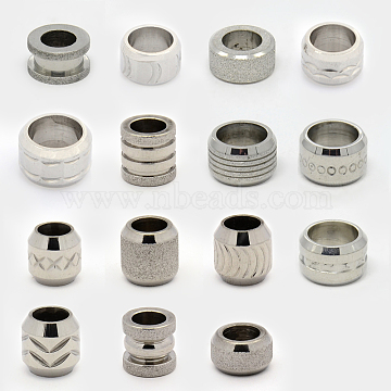 Mixed Style Stainless Steel Large Hole Beads, Stainless Steel Color, 6~12x5~10mm, Hole: 4~8mm(STAS-E150-18P)
