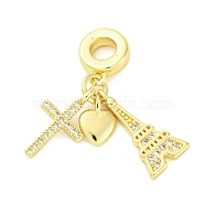 Brass Micro Pave Cubic Zirconia Pendants, Cross Heart Tower, With Jump Ring, Real 16K Gold Plated, 29mm, Hole: 3.8mm(KK-D325-17G)