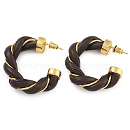 Brass & PU Leather Twist Stud Earrings, Real 18K Gold Plated, Coconut Brown, 40.5x8.5mm(EJEW-K293-19G-02)