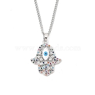 Brass Micro Pave Cubic Zirconia Pendant Necklaces,  201 Stainless Steel Chains Necklaces, Hamsa Hand, 23.54 inch(59.8cm), Hand: 24x21mm(NJEW-M211-04B-P)