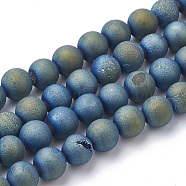 Electroplate Natural Druzy Geode Weathered Agate Beads Strands, Frosted, Dyed, Round, Green Plated, 10~10.5mm, Hole: 1.5mm, about 40pcs/strand, 15.5 inch(G-S284-10mm-03)
