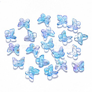 Two Tone Transparent Spray Painted Glass Charms, with Glitter Powder, Butterfly, Dodger Blue, 9.5x11x3mm, Hole: 0.8mm(X-GLAA-T016-22C)