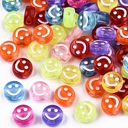 Transparent Acrylic Beads, Flat Round with White Smiling Face, Mixed Color, 10x5mm, Hole: 2mm, about 1500pcs/500g(MACR-S369-004)
