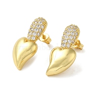 Heart Rack Plating Brass Micro Pave Cubic Zirconia Stud Earrings for Women, Long-Lasting Plated, Lead Free & Cadmium Free, Real 18K Gold Plated, 26.5x12mm(EJEW-O001-09G)