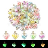 50Pcs 5 Colors Glow in the Dark Luminous Glass Pendants, with Golden Plastic Pendant Bails and Resin Rhinestone Inside, Heart Charms, Mixed Color, 20x15x9mm, Hole: 2mm, 10Pcs/color(GLAA-YW0001-94)