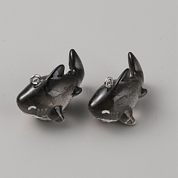 Ocean Theme Resin Pendants, Sea Animal Charms with Stainless Steel Color Tone 304 Stainless Steel Loops, Shark, Black, 17.5x17x29mm, Hole: 1.8mm(RESI-SZC0005-01D-02)