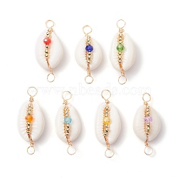 7Pcs 7 Colors Natural Cowrie Shell & Faceted Glass & Brass Bead Connetctor Charms, with Copper Double Loops, Real 18K Gold Plated, Mixed Color, 32.5~34.5x13.5~15x9~11mm, Hole: 3.5~4.3mm, 1pc/color(PALLOY-JF02665)