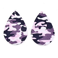 Imitation Leather Big Pendants, Teardrop with Camouflage Pattern, Purple, 56.5x37x2mm, Hole: 2mm(FIND-T062-006C)