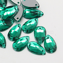 Sew on Rhinestone, Taiwan Acrylic Rhinestone, Two Holes, Garments Accessories, Faceted Teardrop, Sea Green, 13x8x3.5mm, Hole: 1mm(X-ACRT-M015-8x13mm-06)