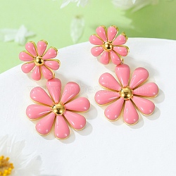 304 Stainless Steel Enamel Stud Earrings, Flower, Golden, Flamingo, 31x18.1mm(EJEW-S226-01G-02)