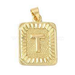 Rack Plating Brass Pendants, Long-Lasting Plated, Lead Free & Cadmium Free, Square with Letter Charms, Letter T, 24x17x2.5mm, Hole: 4x3.5mm(KK-B092-42G-T)