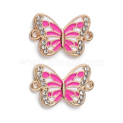 Alloy Enamel Connector Charms, Butterfly Links with Crystal Rhinestone, Light Gold, Cadmium Free & Nickel Free & Lead Free, Hot Pink, 21x13x1.7mm, Hole: 1.6mm(ENAM-I054-05F)