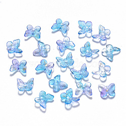 Two Tone Transparent Spray Painted Glass Charms, with Glitter Powder, Butterfly, Dodger Blue, 9.5x11x3mm, Hole: 0.8mm(X-GLAA-T016-22C)